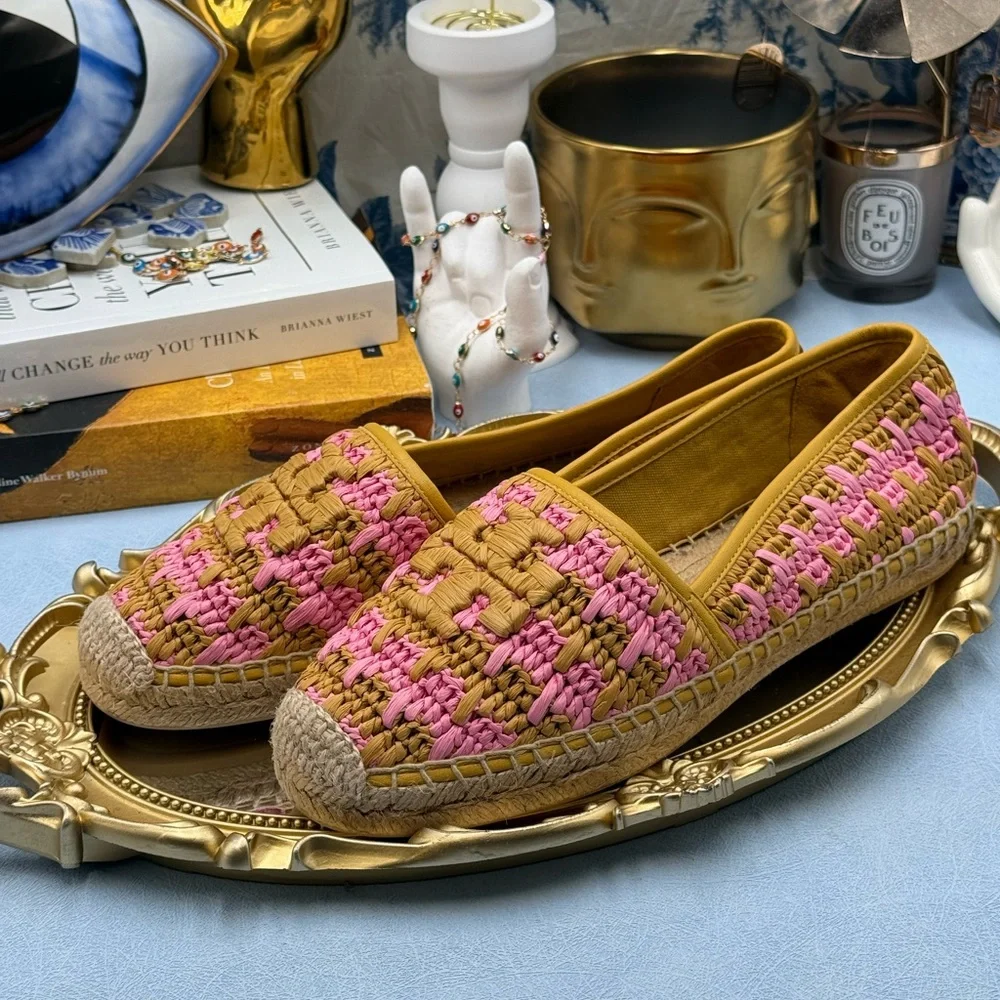 🆕 TORY BURCH 🧿 NWOB Eleanor Crochet Woven Espadrilles, Pink Carnation - Sz 7